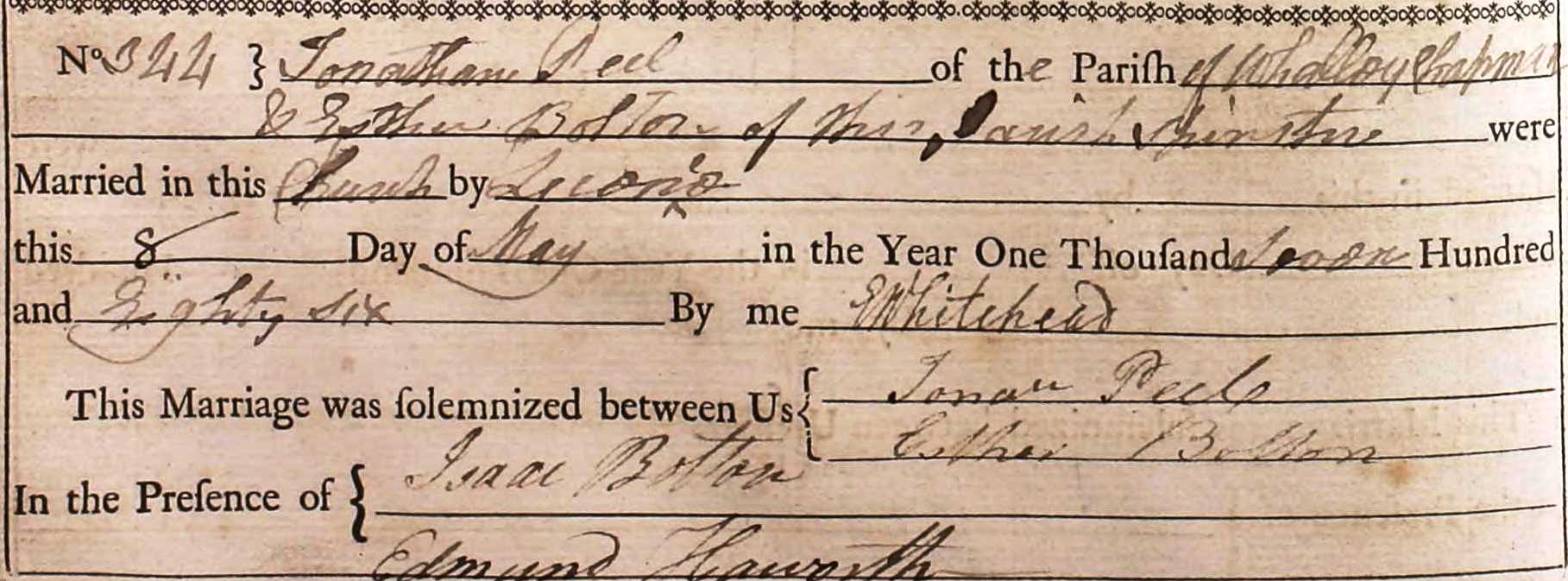 Taken on May 8th, 1786 and sourced from Certificate - Marriage.