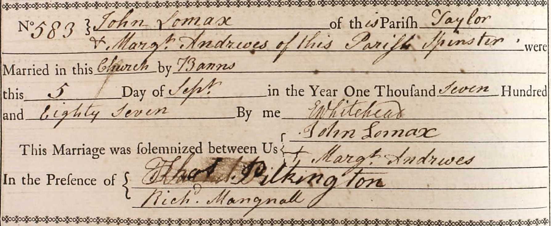 Taken on September 5th, 1787 and sourced from Certificate - Marriage.