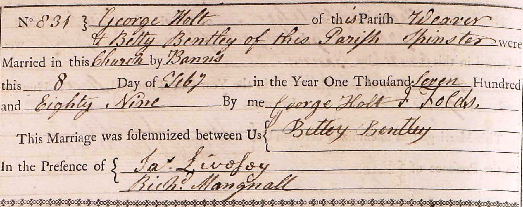 Taken on February 8th, 1789 and sourced from Certificate - Marriage.