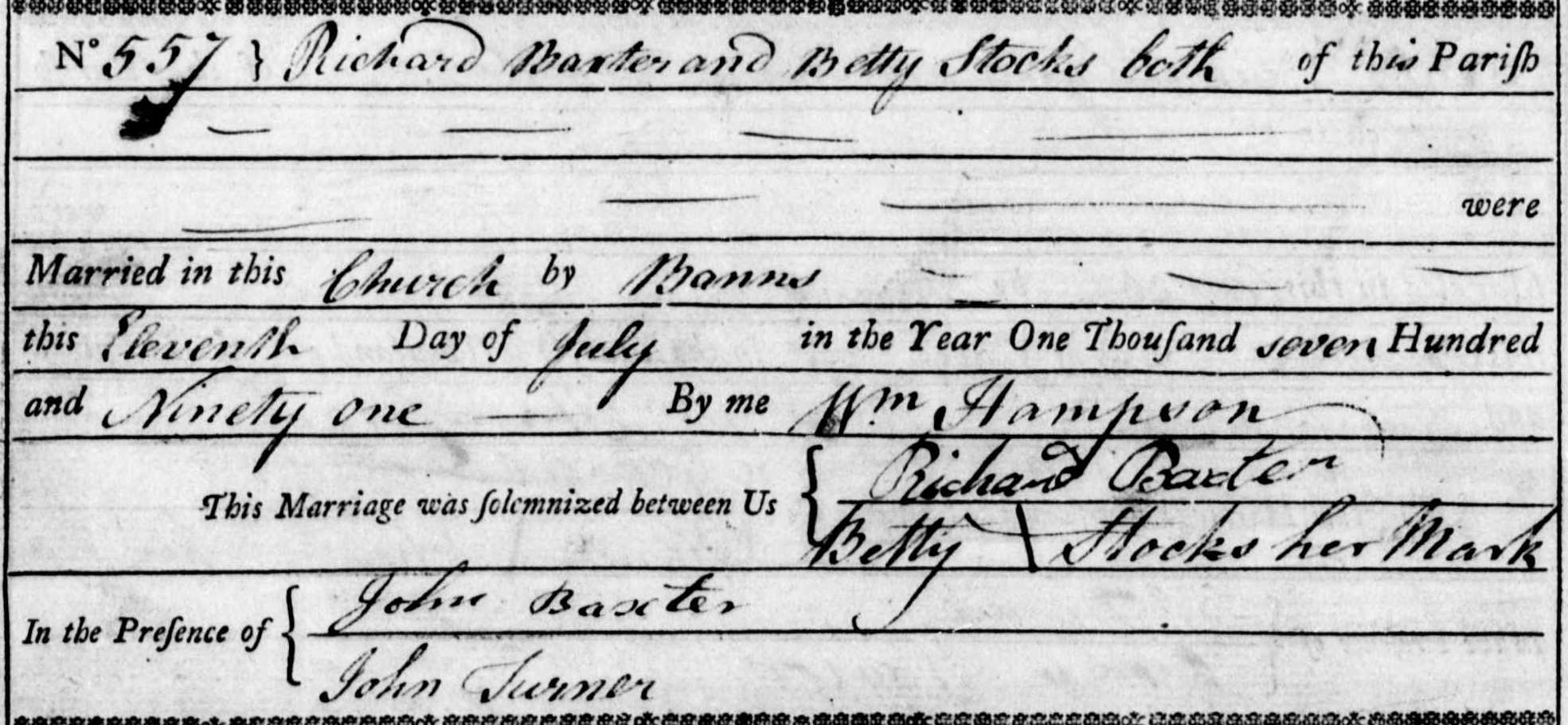 Taken on July 11th, 1791 and sourced from Certificate - Marriage.