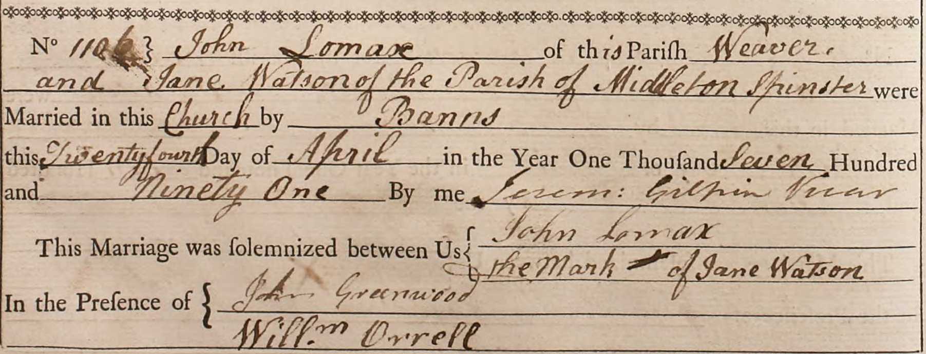 Taken in 1791 and sourced from Certificate - Marriage.