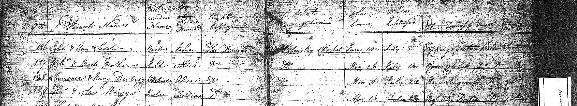 Taken on March 26th, 1792 at Goose Cote Hill and sourced from Bolton Parish Records.