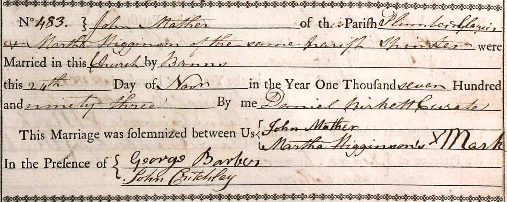 Taken in 1793 and sourced from Certificate - Marriage.