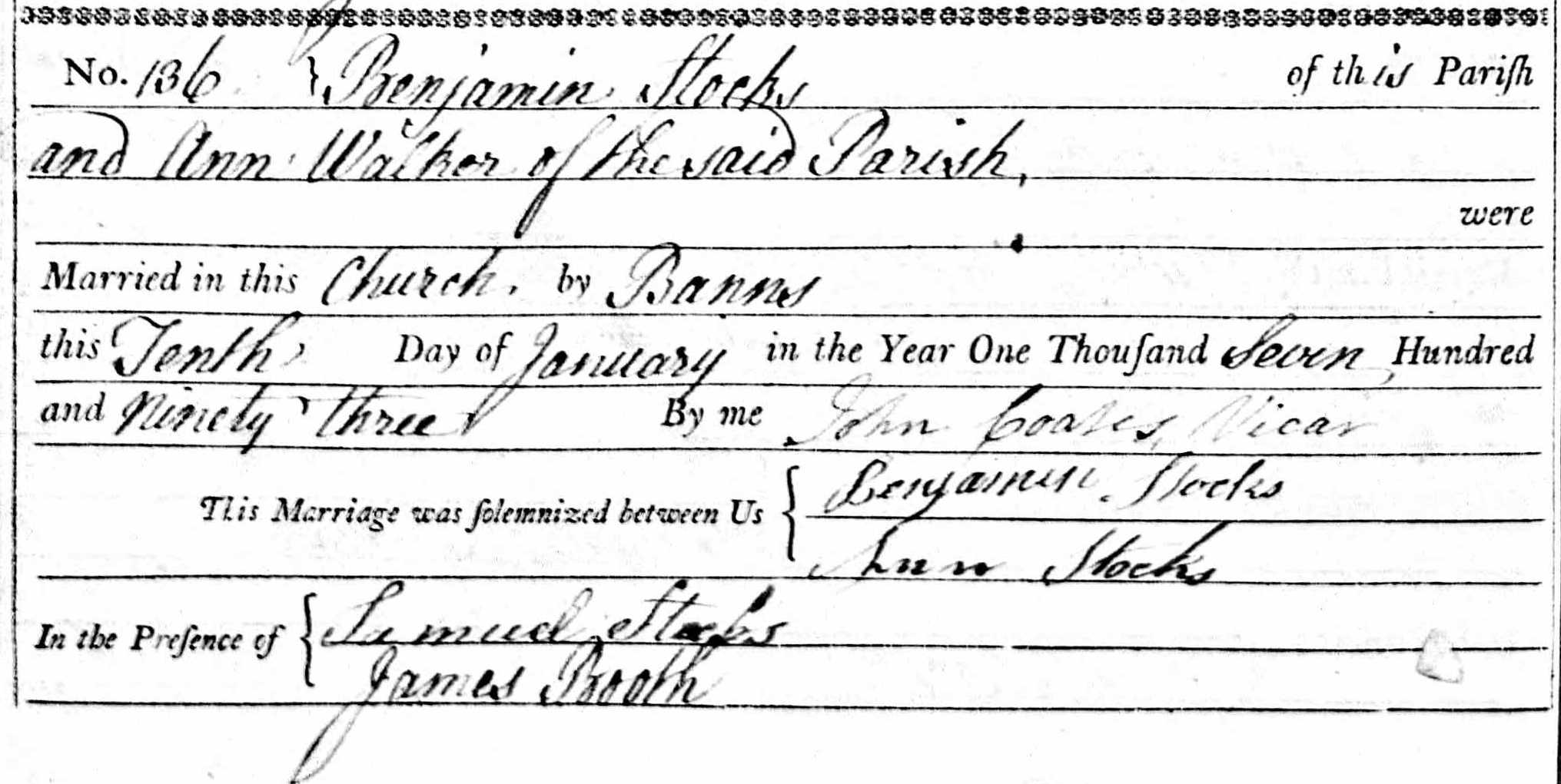 Taken on January 10th, 1793 and sourced from Certificate - Marriage.