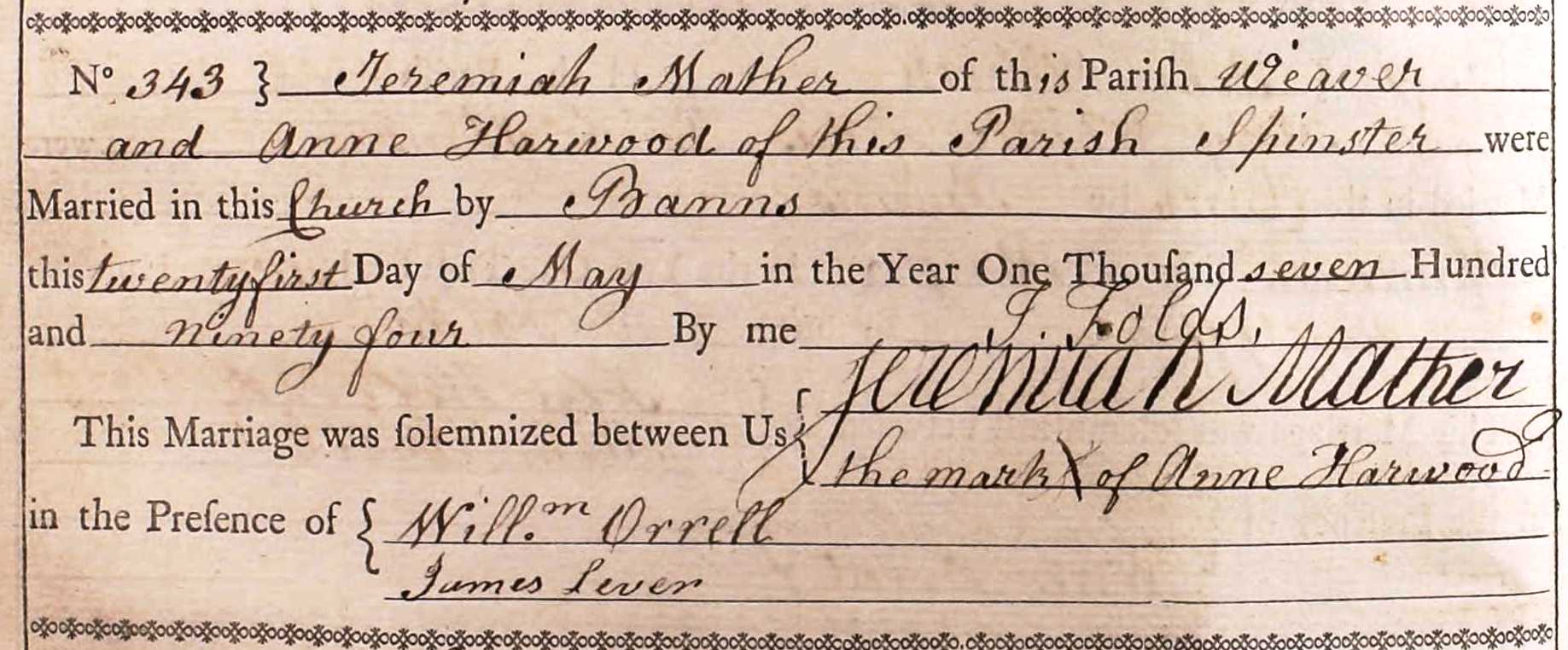 Taken on May 21st, 1794 and sourced from Certificate - Marriage.