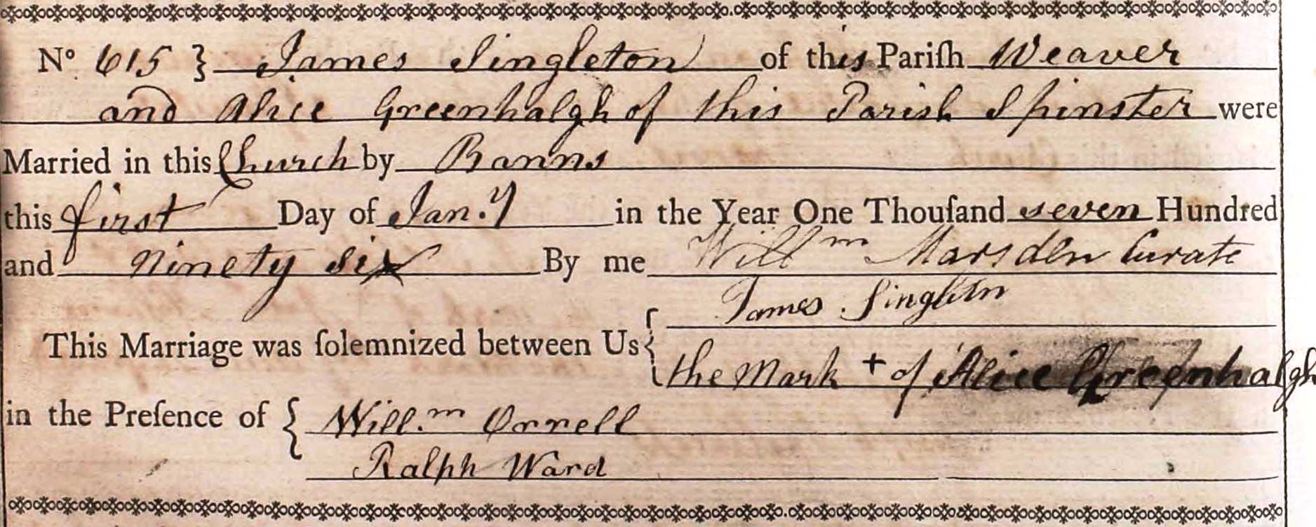 Taken on January 1st, 1796 and sourced from Certificate - Marriage.