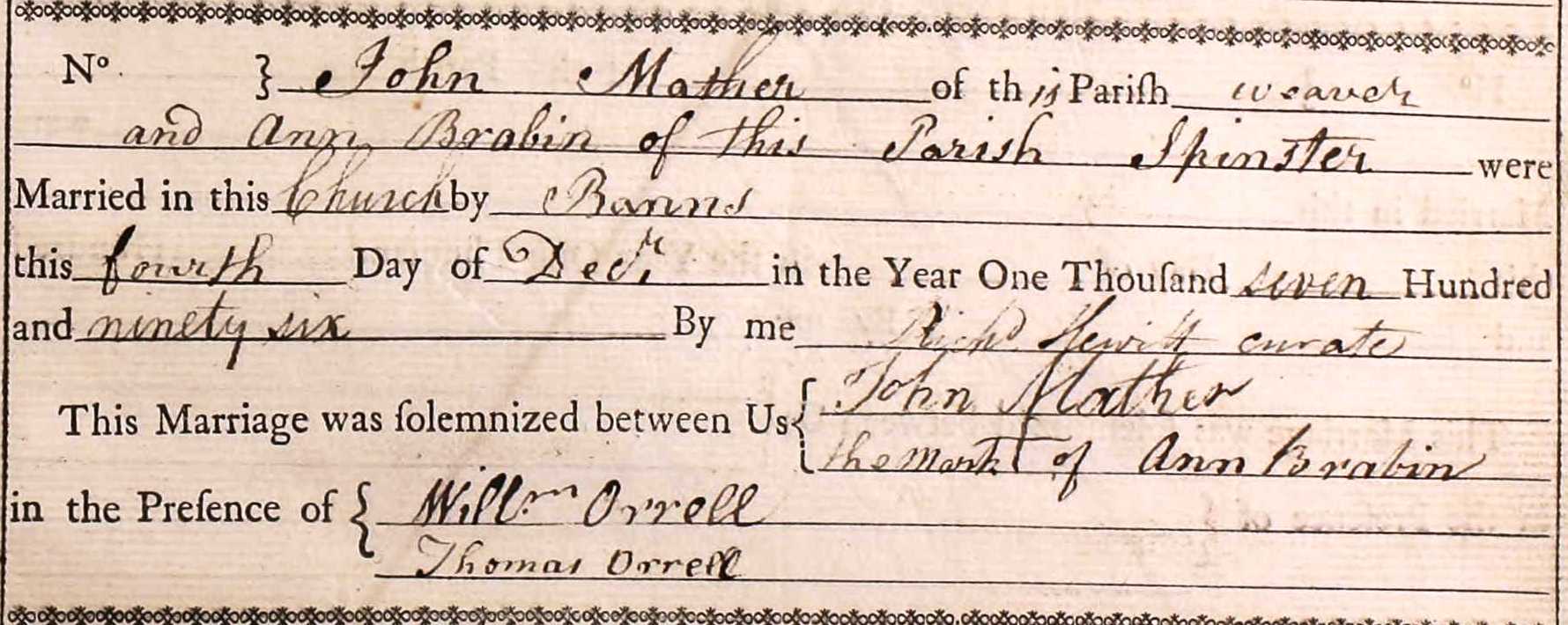 Taken on December 4th, 1796 and sourced from Certificate - Marriage.