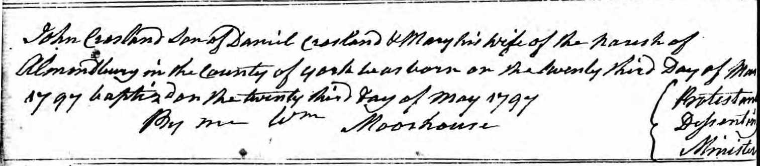 Taken on May 23rd, 1797 and sourced from Certificate - Baptism.