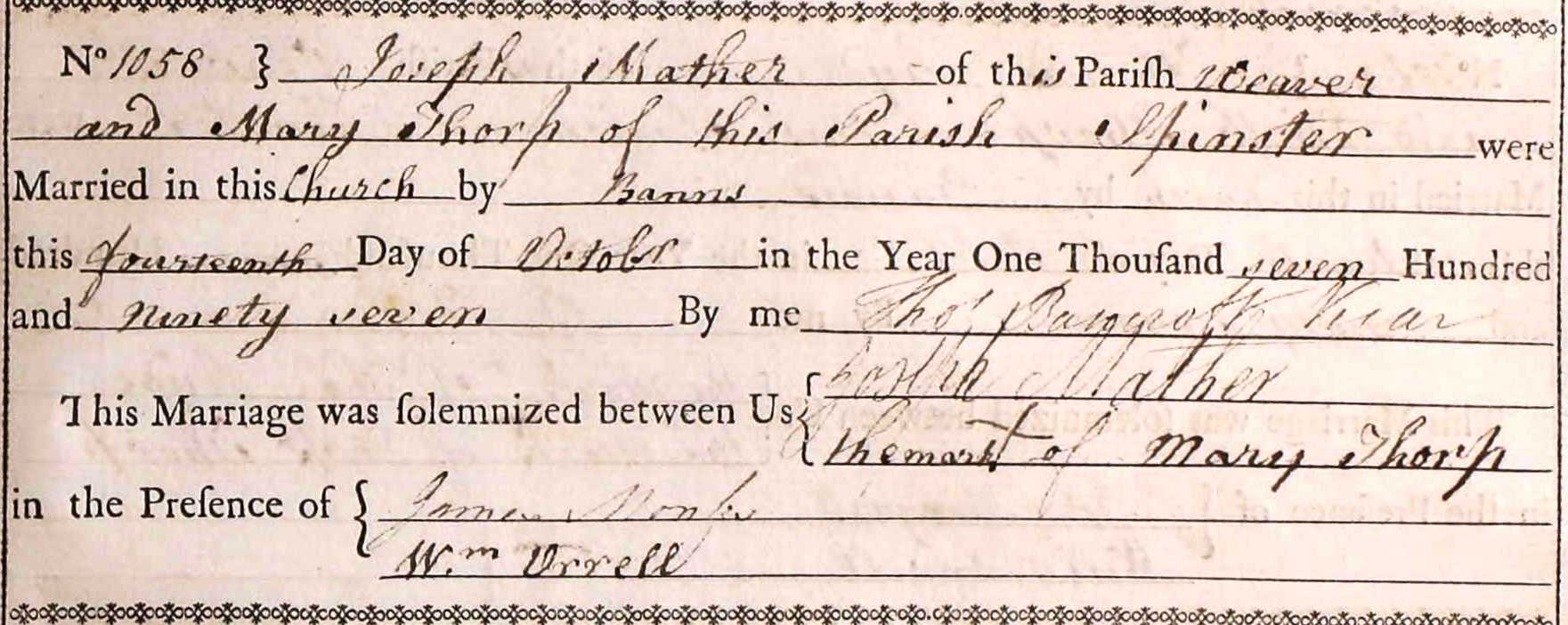 Taken on October 14th, 1797 and sourced from Certificate - Marriage.