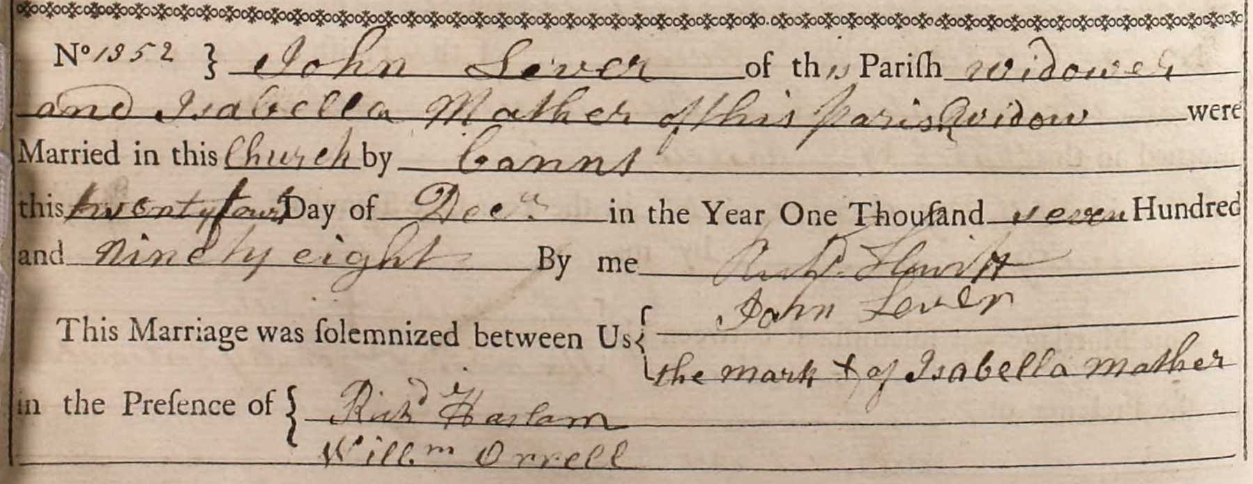 Taken on December 24th, 1798 and sourced from Certificate - Marriage.