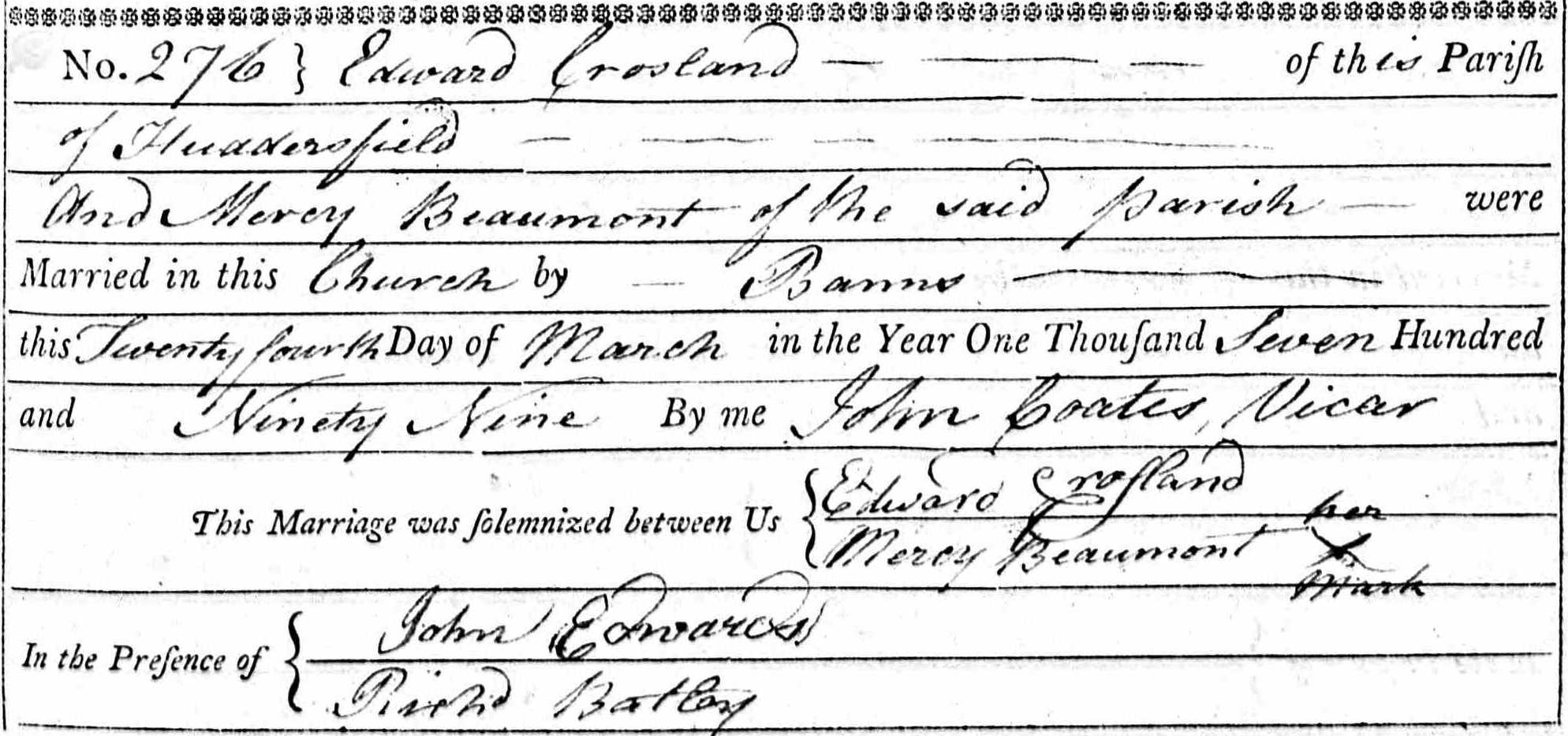 Taken on March 24th, 1799 and sourced from Certificate - Marriage.