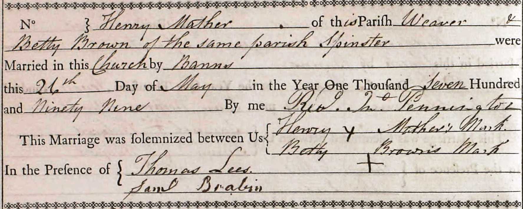 Taken on May 26th, 1799 and sourced from Certificate - Marriage.