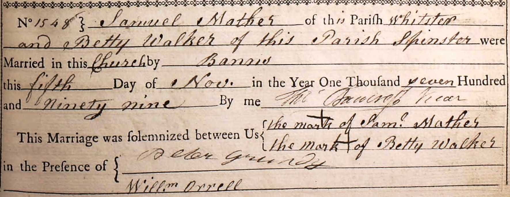 Taken on November 5th, 1799 and sourced from Certificate - Marriage.