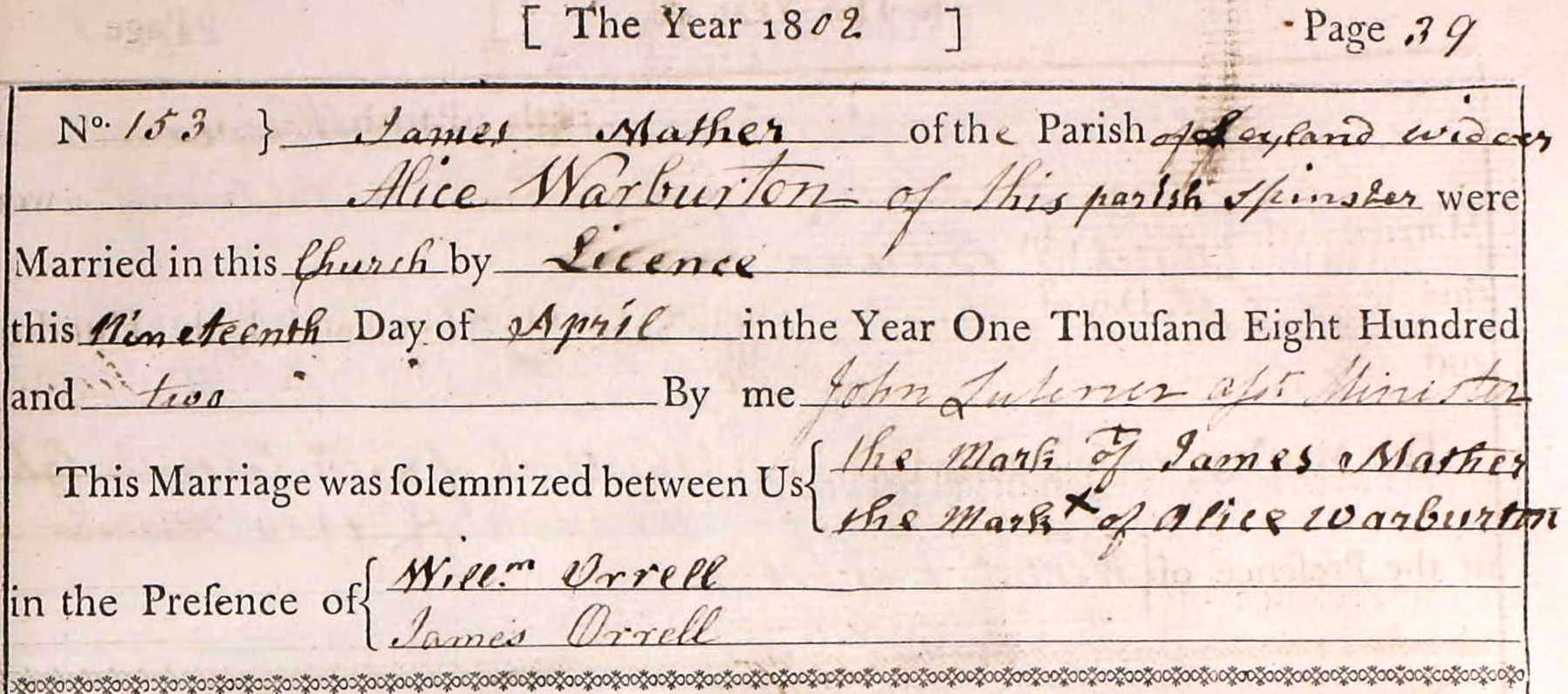 Taken on April 19th, 1802 and sourced from Certificate - Marriage.