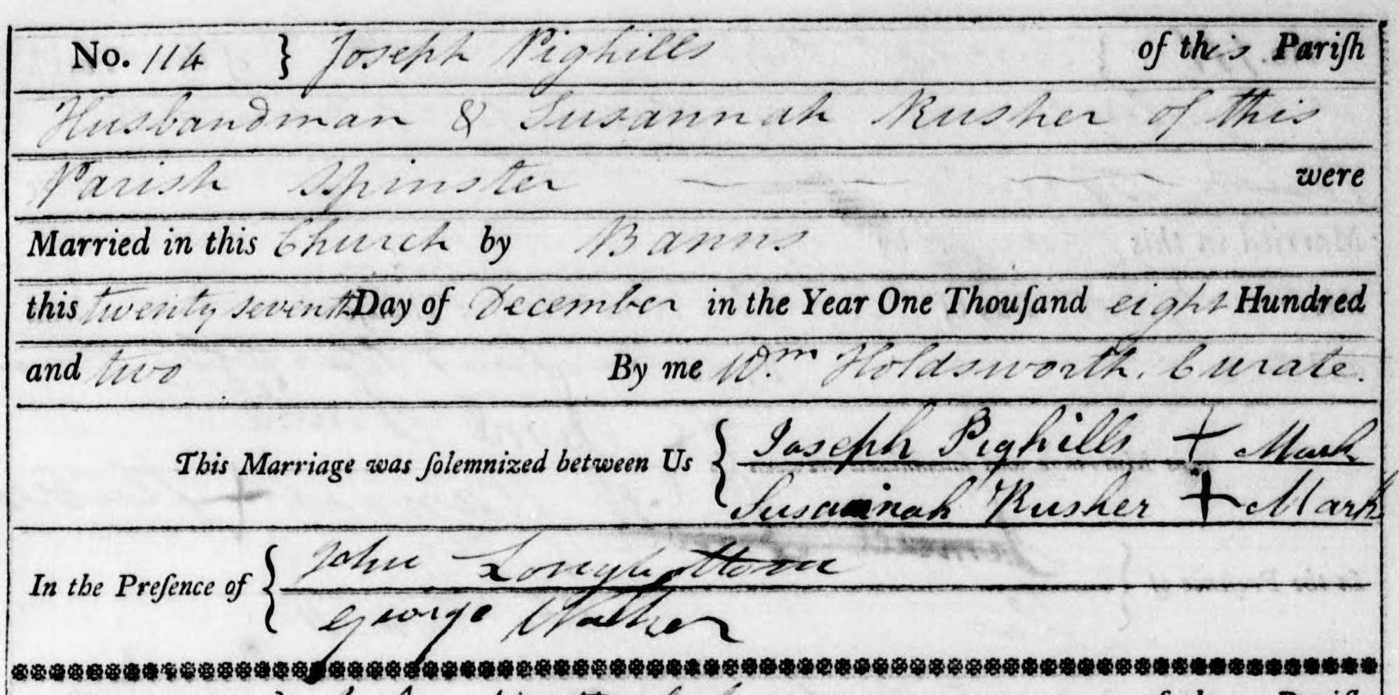 Taken on December 27th, 1802 and sourced from Certificate - Marriage.