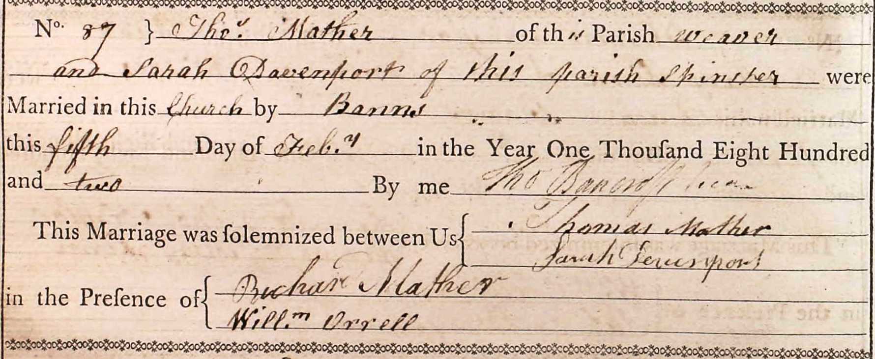 Taken on February 5th, 1802 and sourced from Certificate - Marriage.