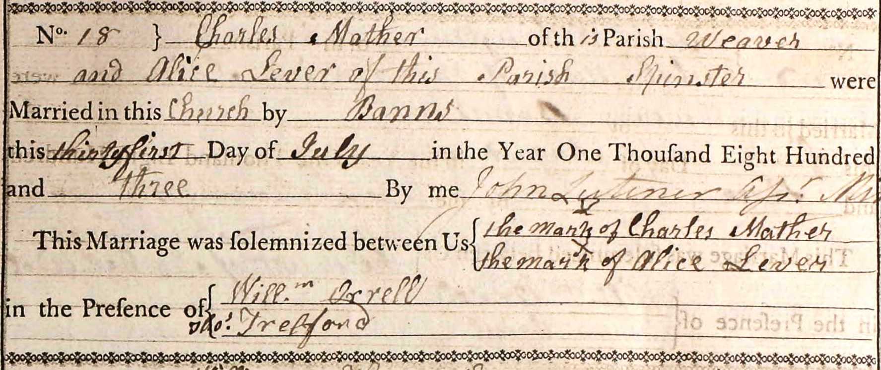 Taken on January 31st, 1803 and sourced from Certificate - Marriage.