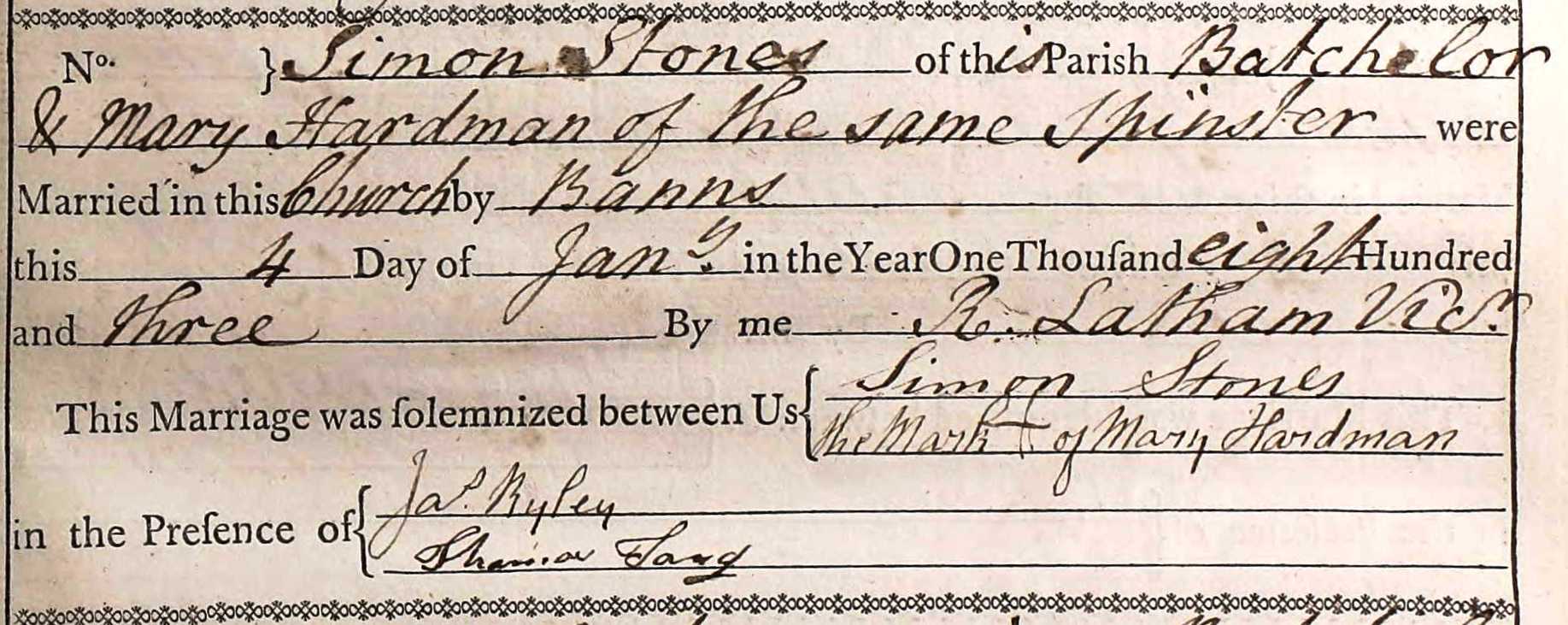 Taken on January 4th, 1803 and sourced from Certificate - Marriage.