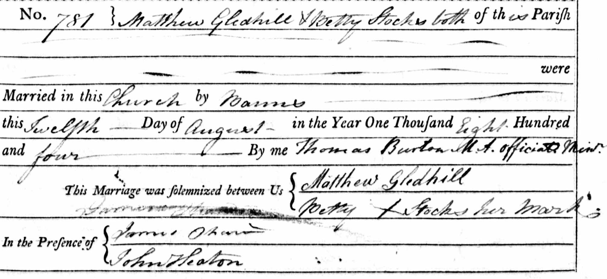 Taken on August 20th, 1804 and sourced from Certificate - Marriage.