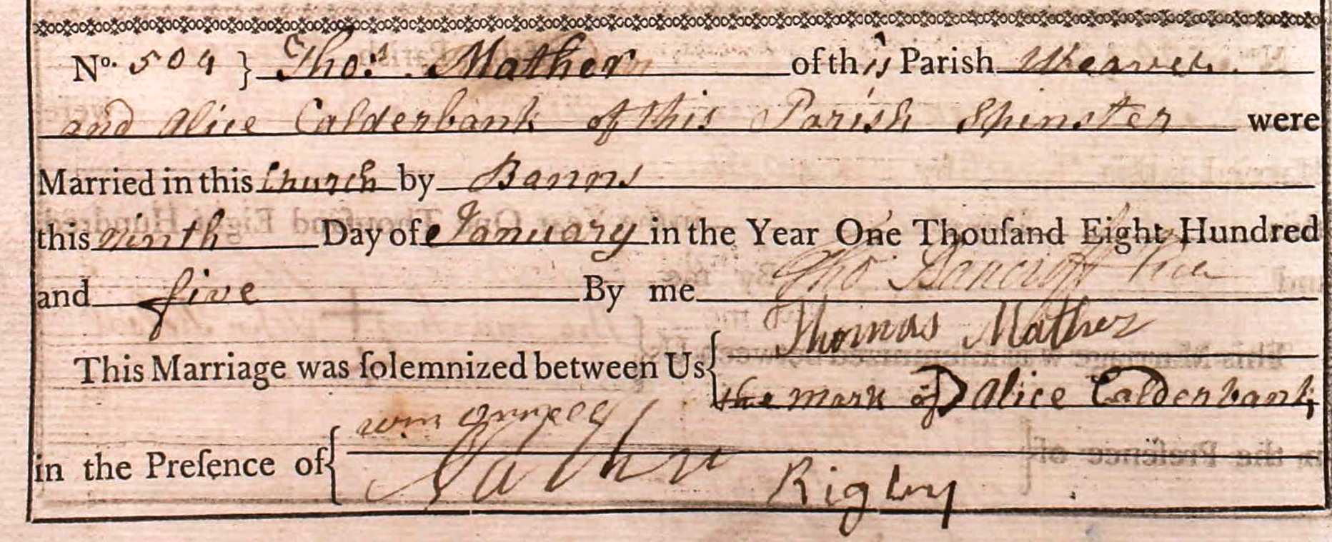 Taken on January 9th, 1805 and sourced from Certificate - Marriage.