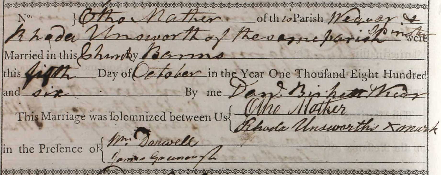 Taken on October 5th, 1806 and sourced from Certificate - Marriage.