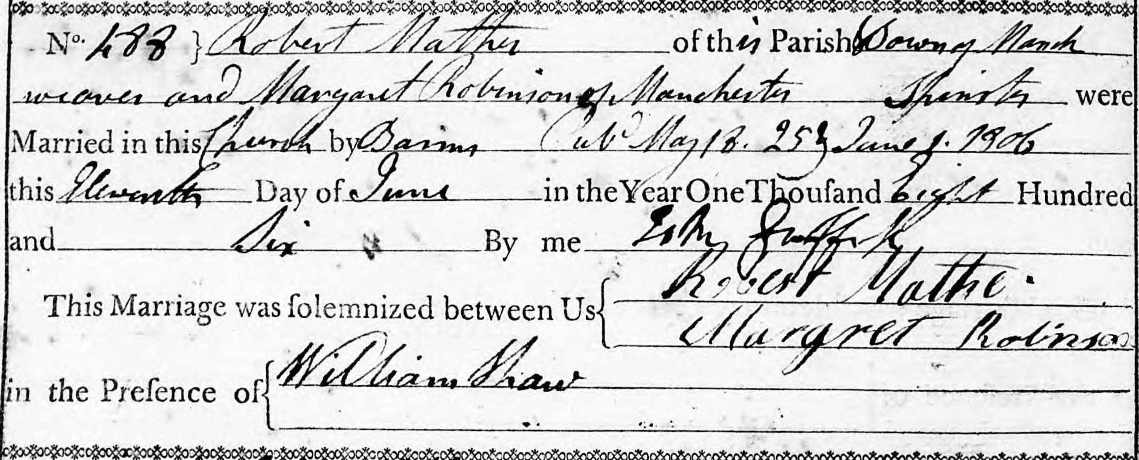 Taken on June 11th, 1806 and sourced from Certificate - Marriage.