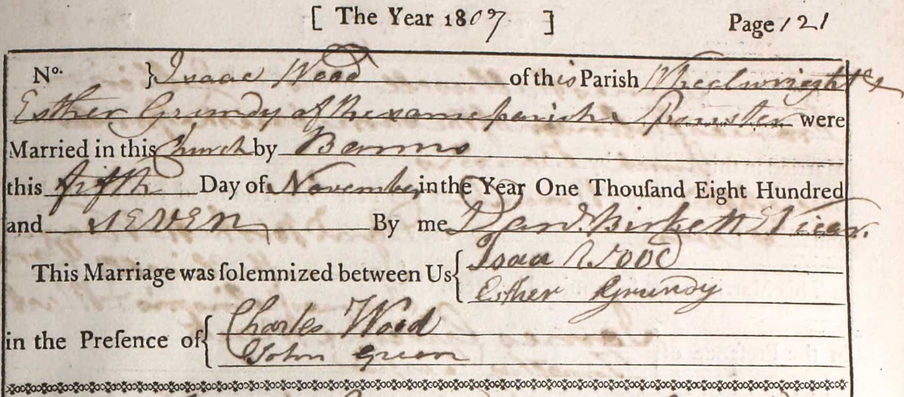 Taken on November 5th, 1807 and sourced from Certificate - Marriage.