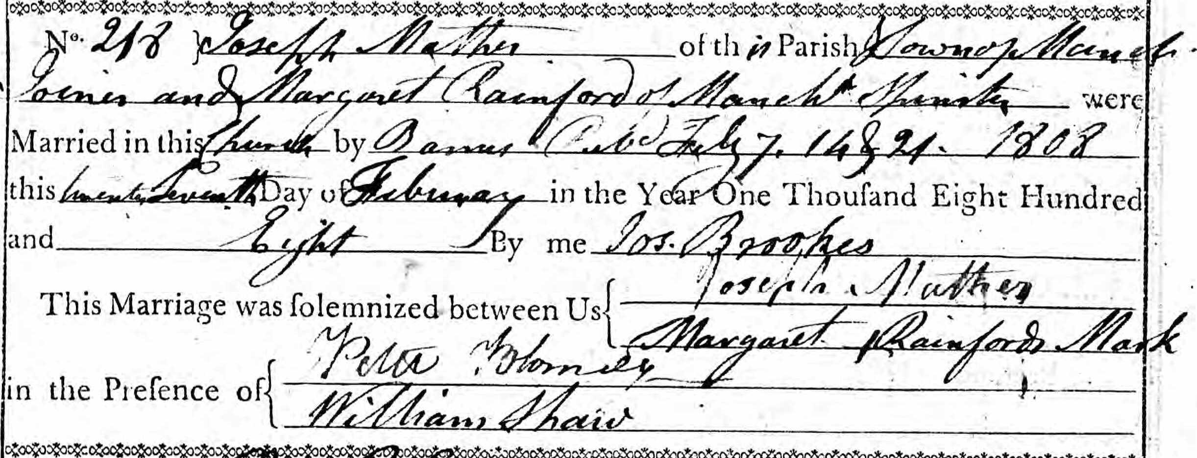 Taken on February 27th, 1808 and sourced from Certificate - Marriage.