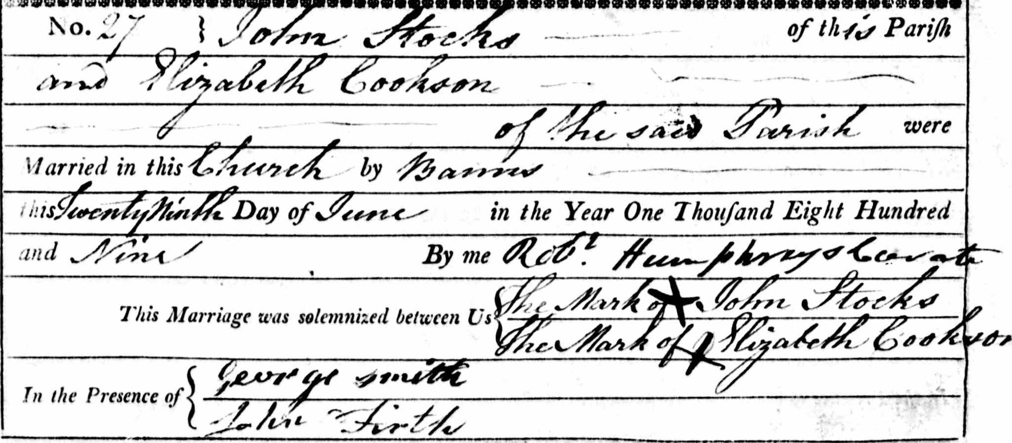 Taken on June 29th, 1809 and sourced from Certificate - Marriage.