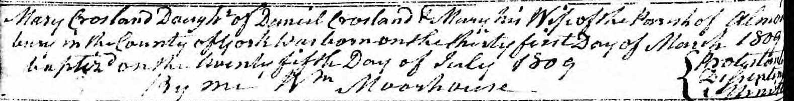 Taken on July 25th, 1809 and sourced from Certificate - Baptism.