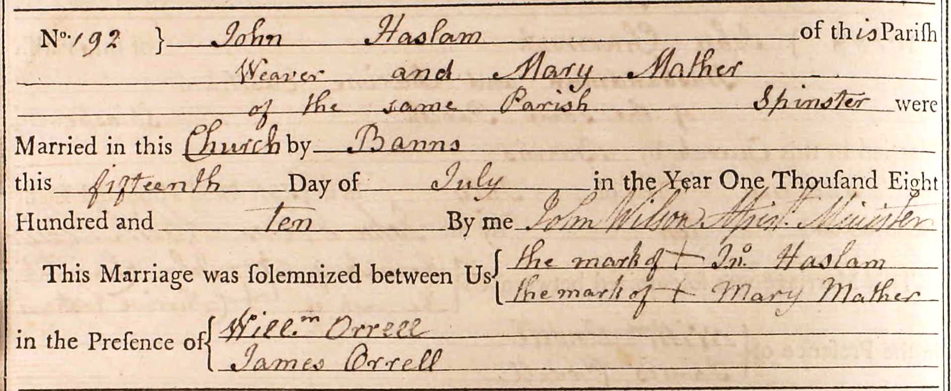 Taken on July 15th, 1810 and sourced from Certificate - Marriage.