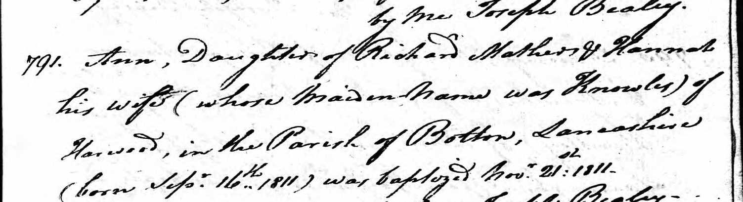 Taken in 1811 and sourced from Certificate - Baptism.