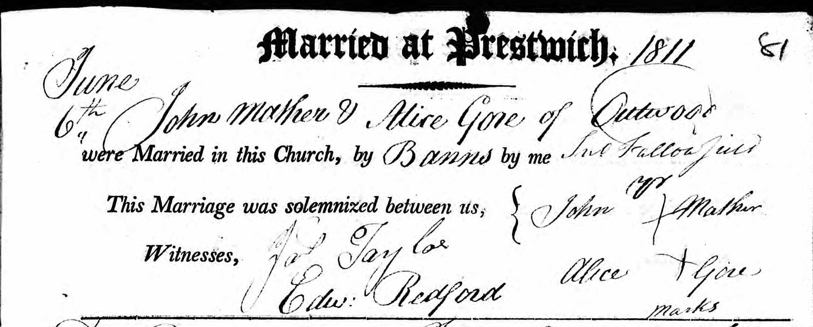 Taken on June 6th, 1811 and sourced from Certificate - Marriage.