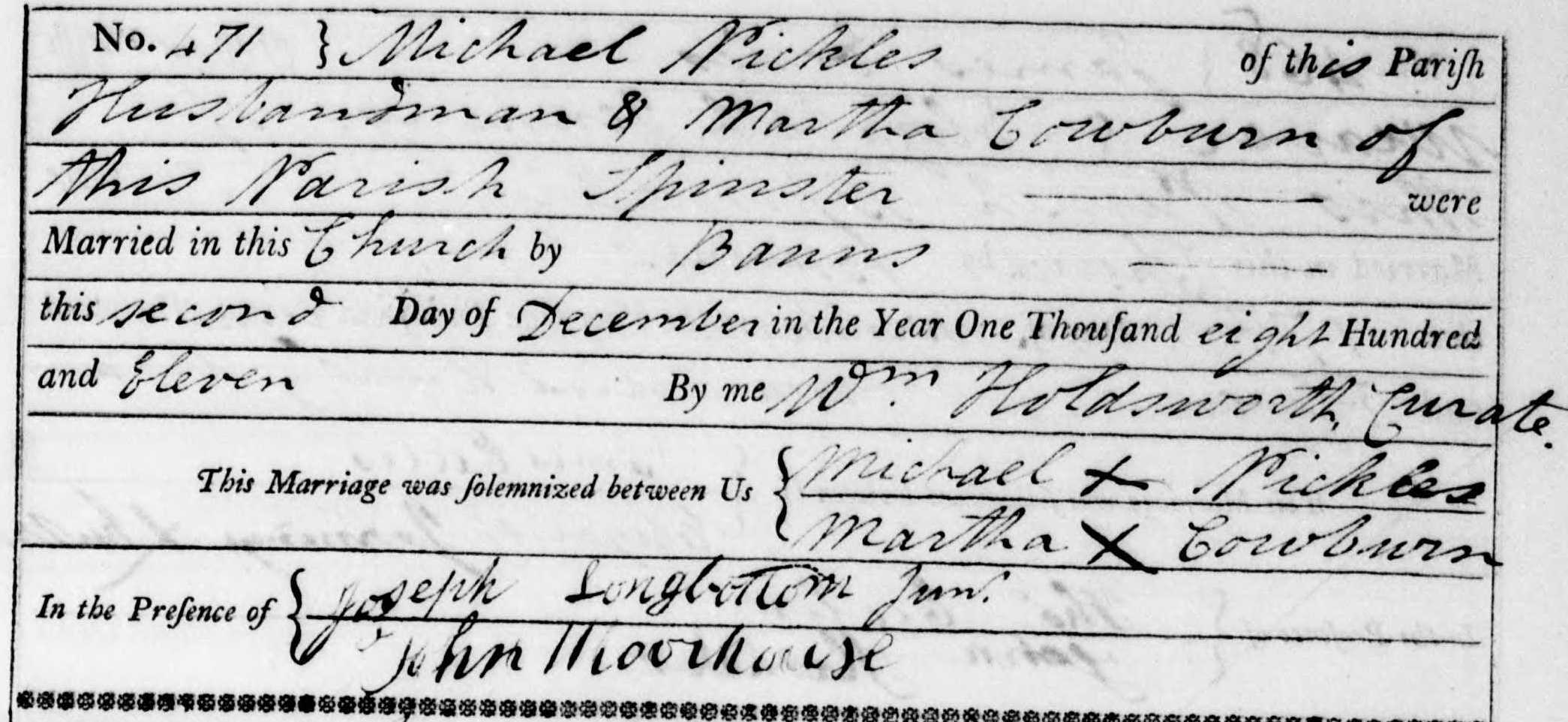 Taken on December 2nd, 1811 and sourced from Certificate - Marriage.