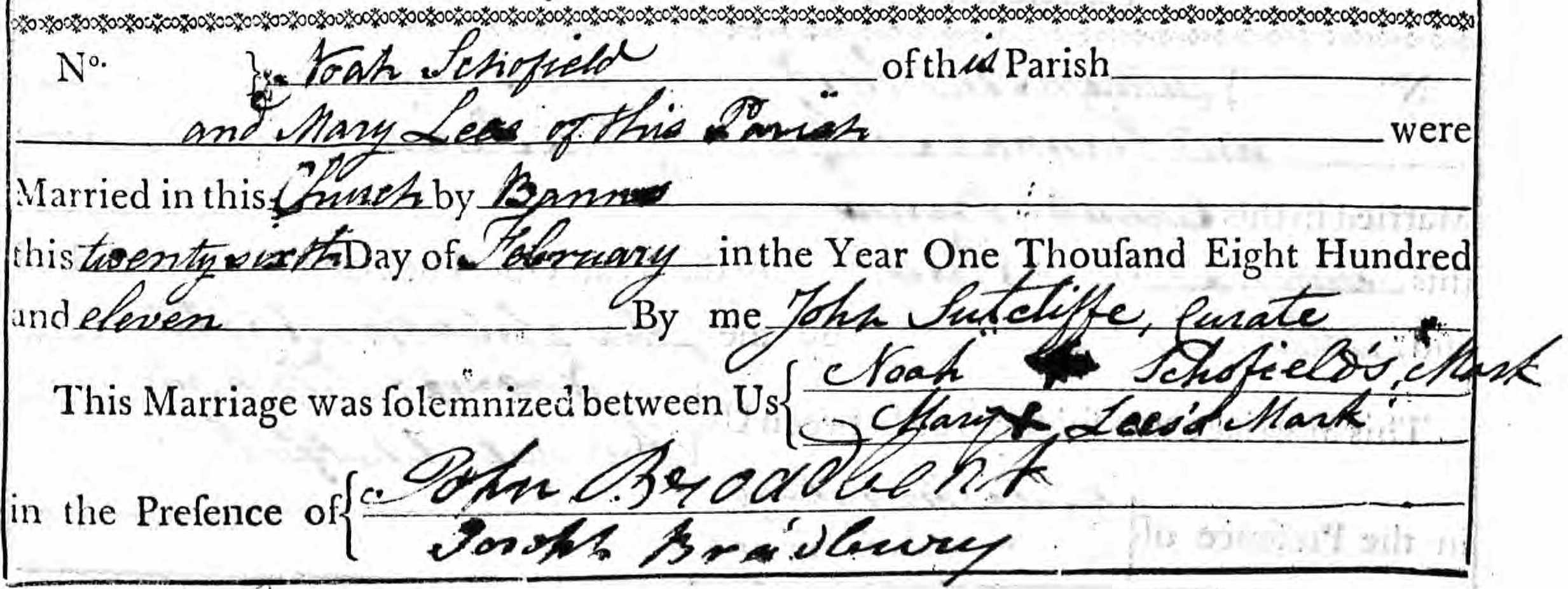 Taken on February 26th, 1811 and sourced from Certificate - Marriage.