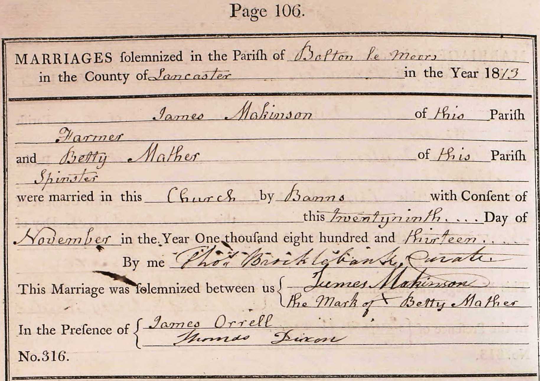 Taken on November 29th, 1813 and sourced from Certificate - Marriage.