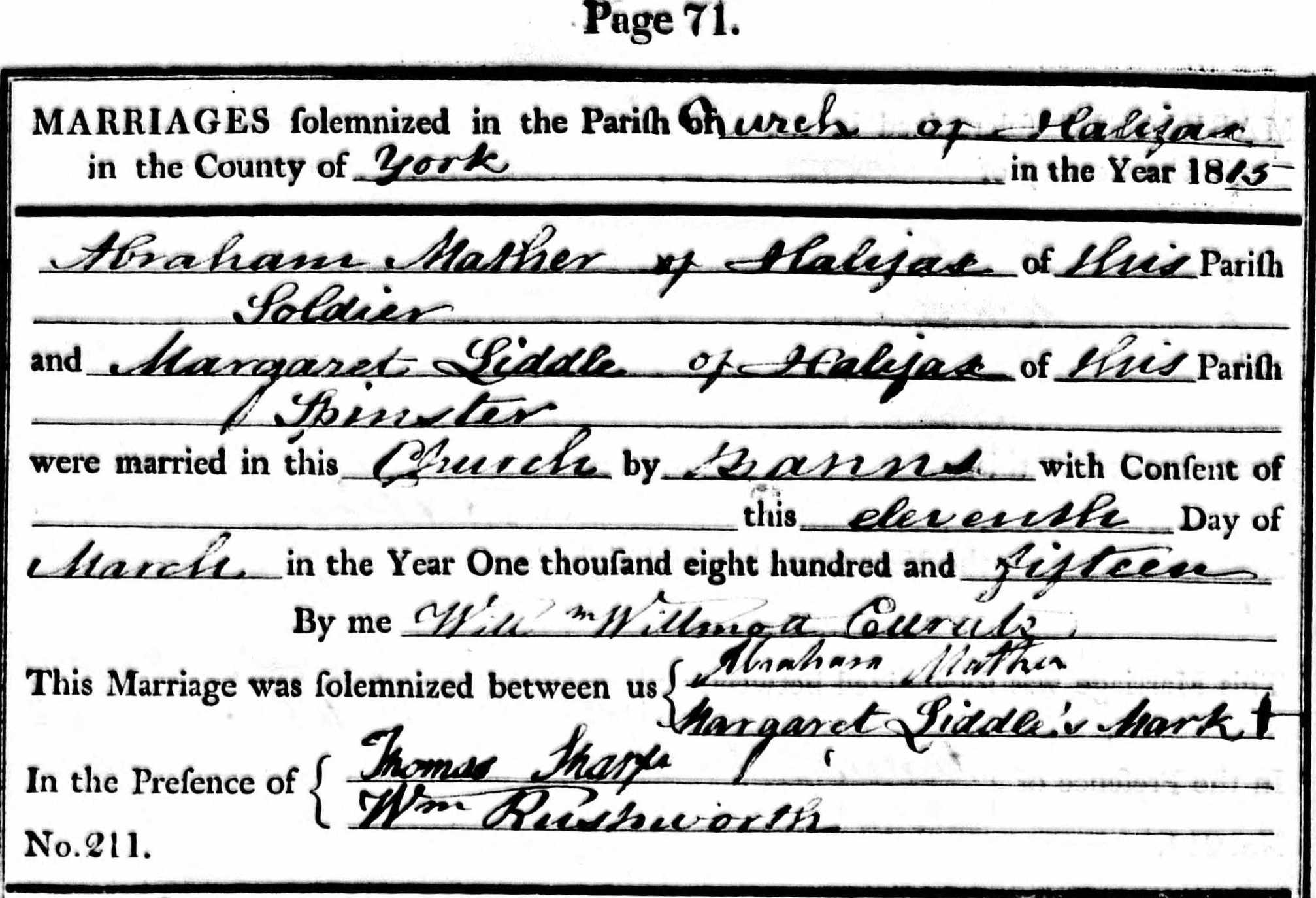 Taken on March 11th, 1815 and sourced from Certificate - Marriage.