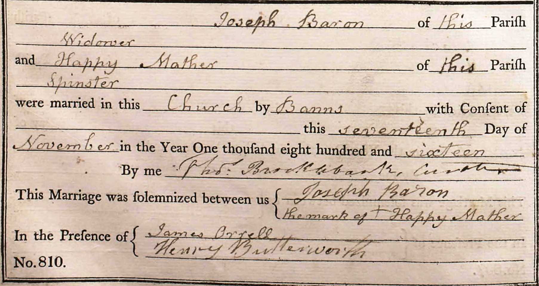 Taken on November 17th, 1816 and sourced from Certificate - Marriage.