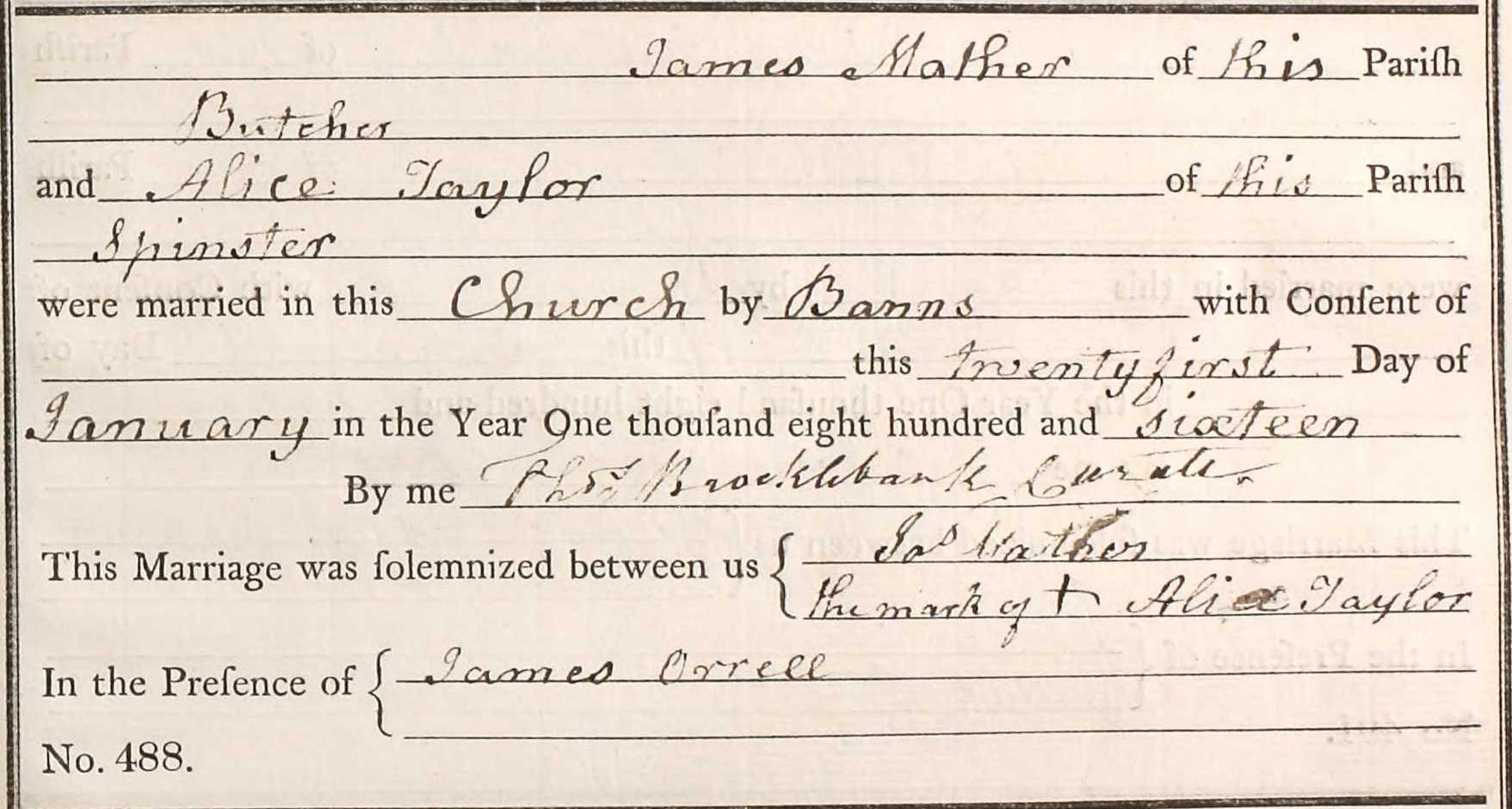 Taken on January 21st, 1816 and sourced from Certificate - Marriage.