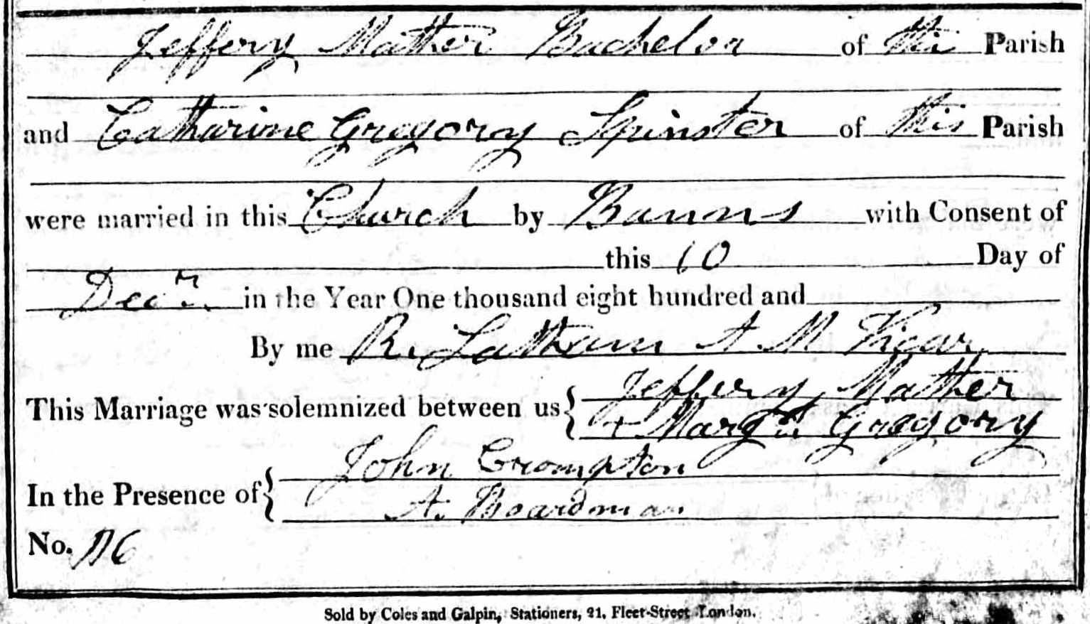 Taken on December 10th, 1816 and sourced from Certificate - Marriage.