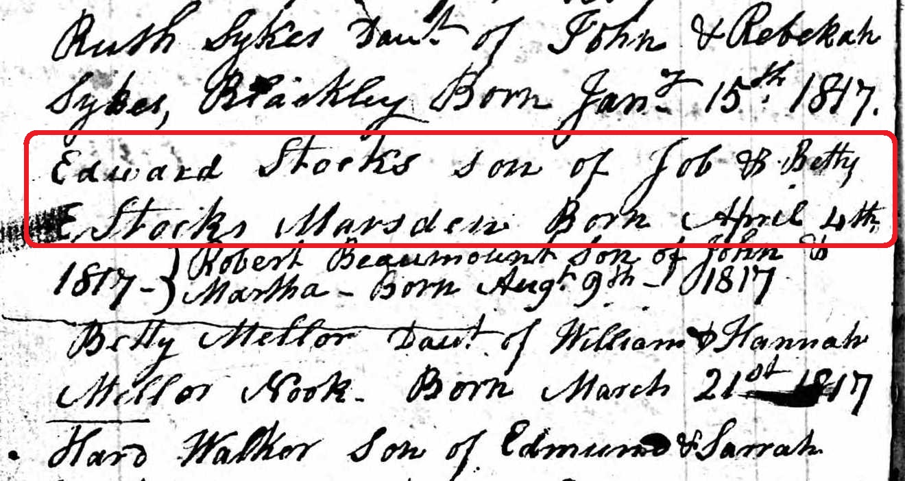 Taken on April 4th, 1817 and sourced from Certificate - Baptism.