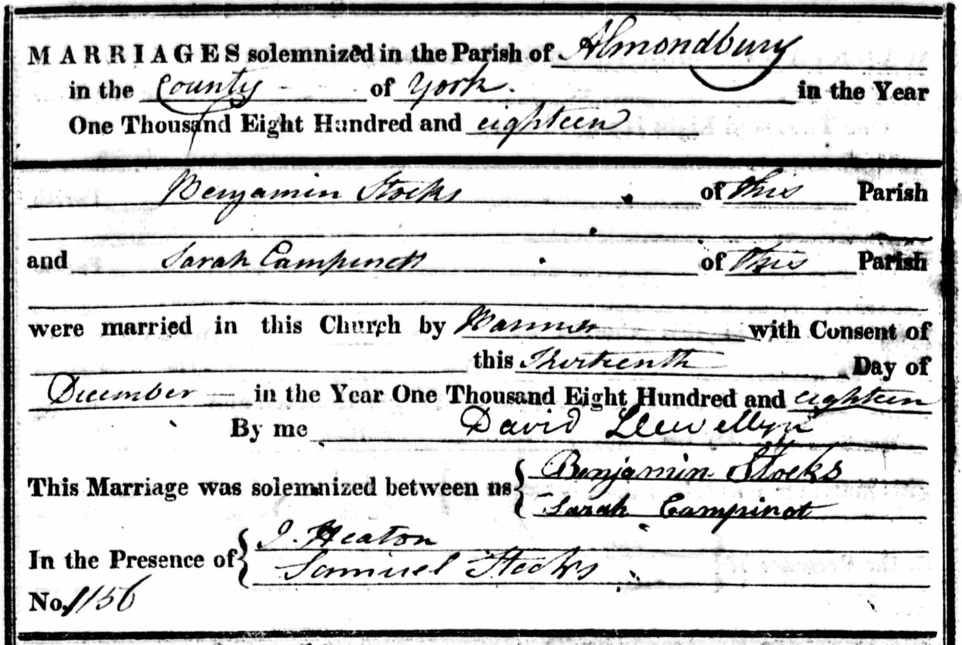 Taken on December 13th, 1818 and sourced from Certificate - Marriage.