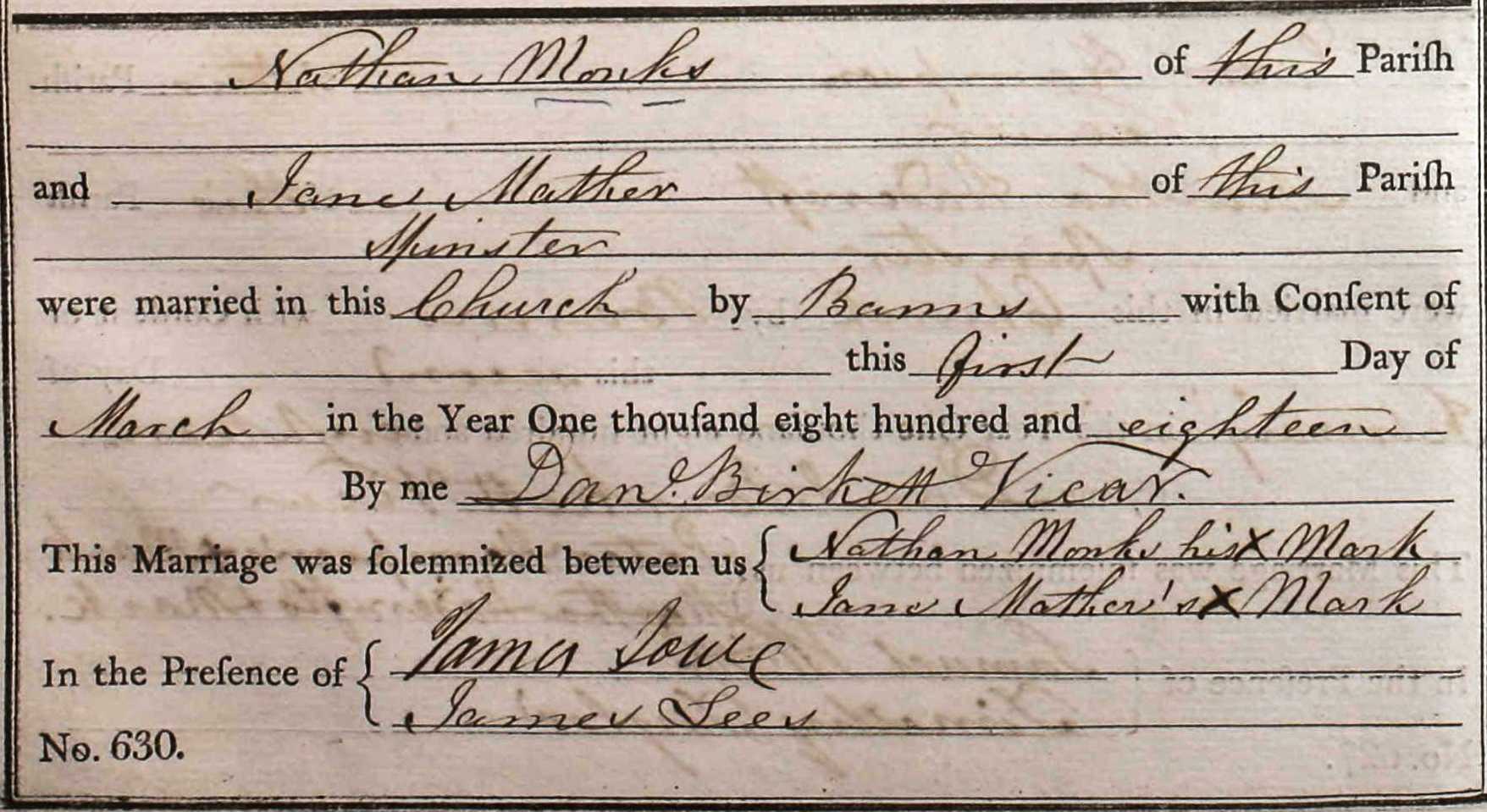 Taken on March 1st, 1818 and sourced from Certificate - Marriage.