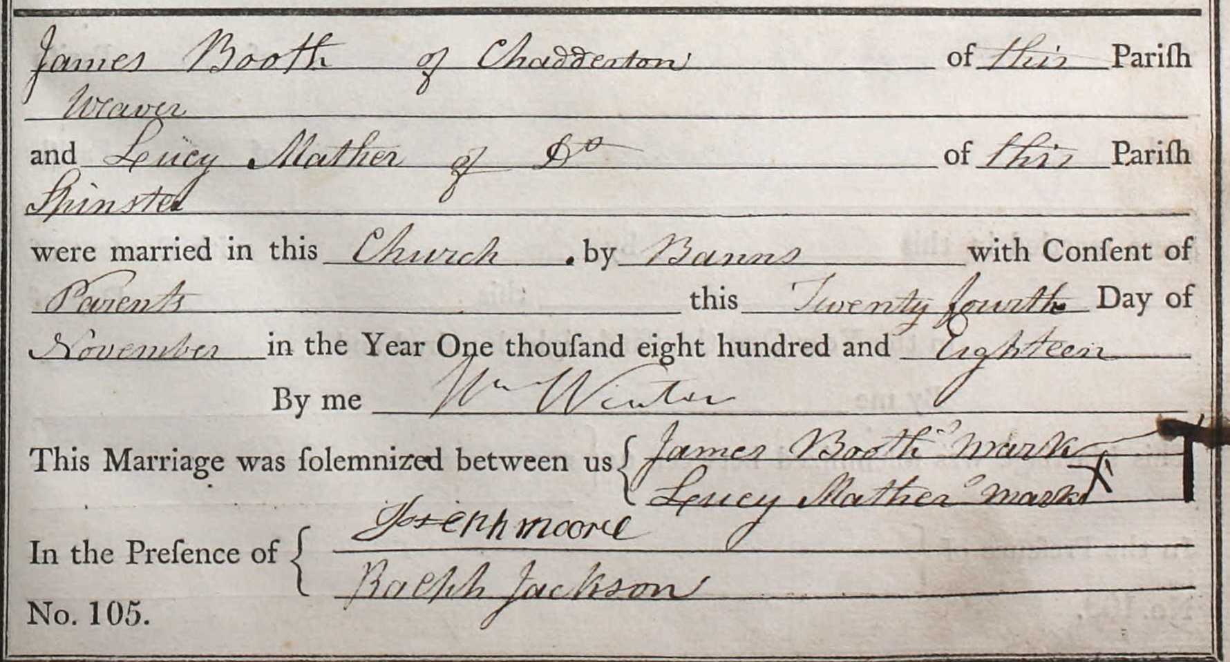 Taken on November 24th, 1818 and sourced from Certificate - Marriage.