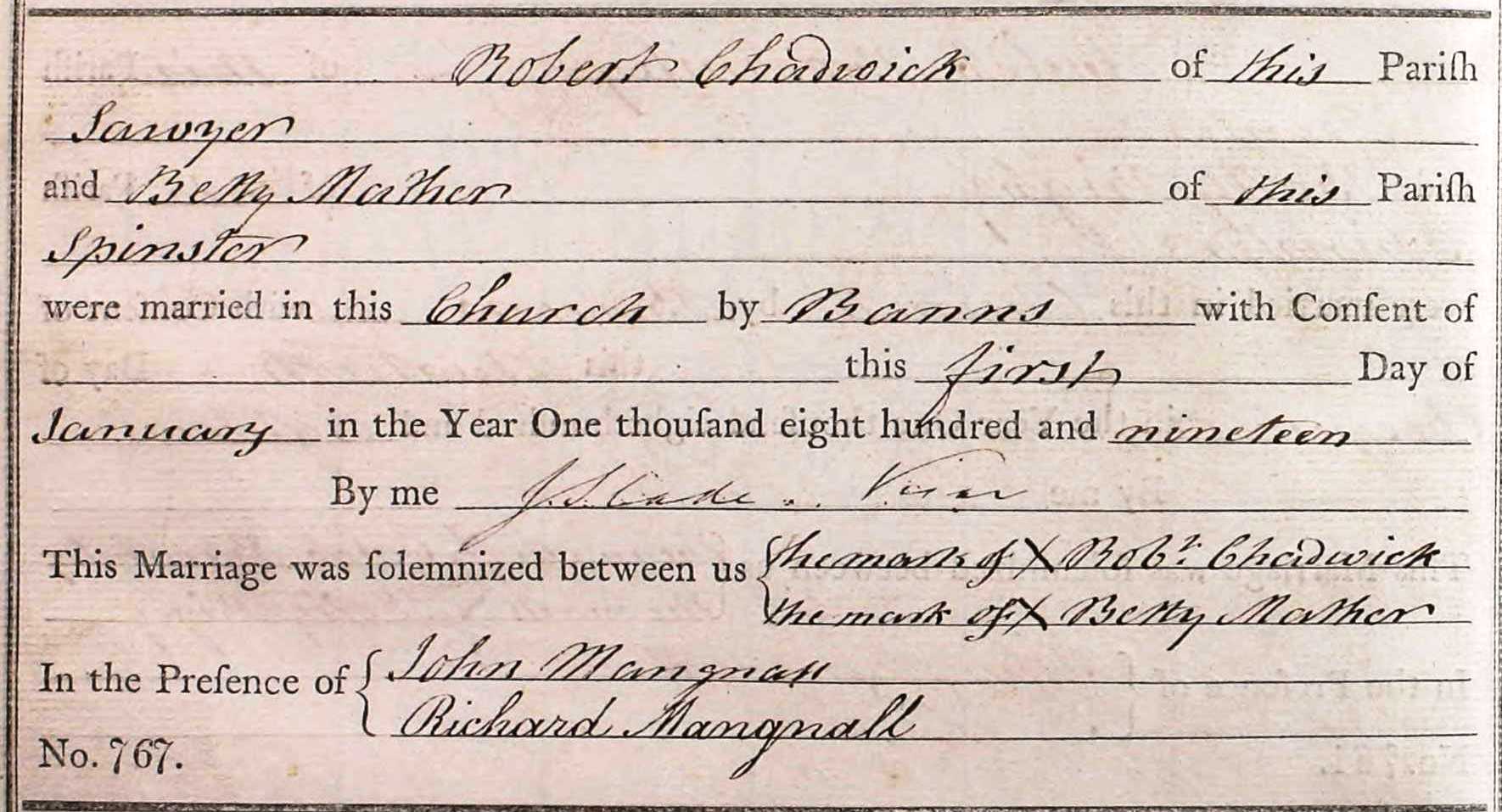 Taken on January 1st, 1819 and sourced from Certificate - Marriage.