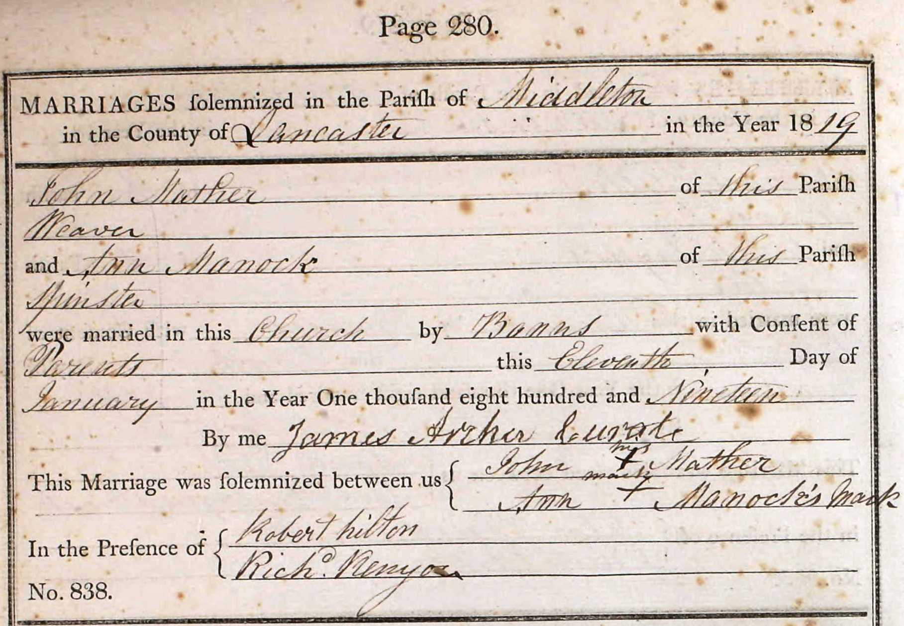 Taken on January 11th, 1819 and sourced from Certificate - Marriage.