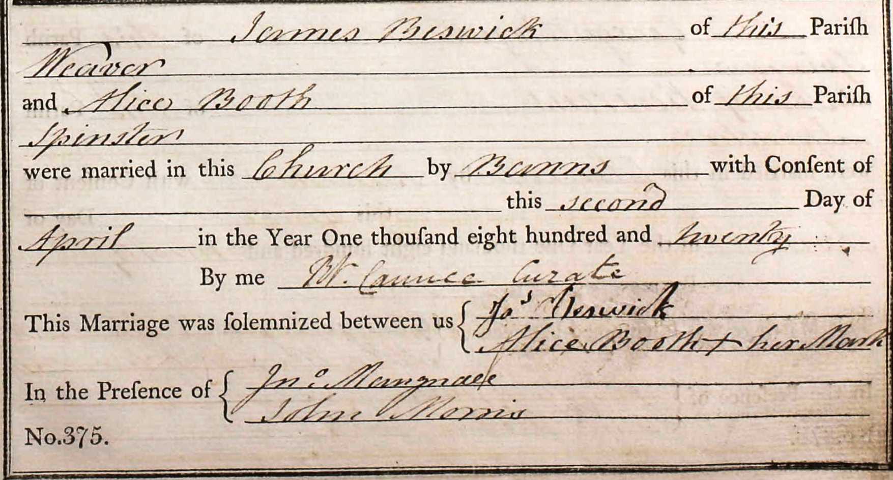 Taken on April 2nd, 1820 and sourced from Certificate - Marriage.