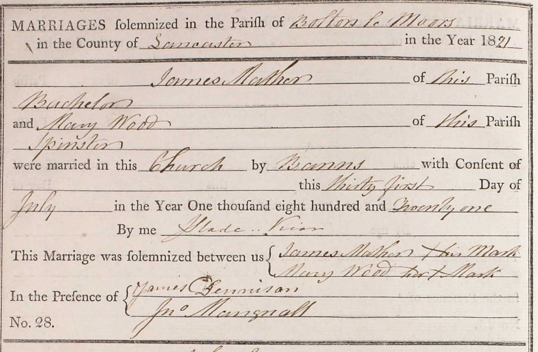 Taken on July 31st, 1821 and sourced from Certificate - Marriage.