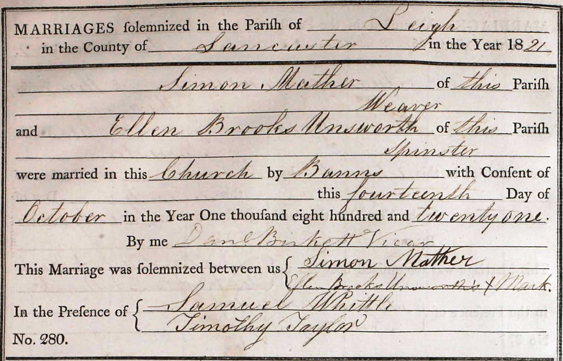 Taken on October 14th, 1821 and sourced from Certificate - Marriage.