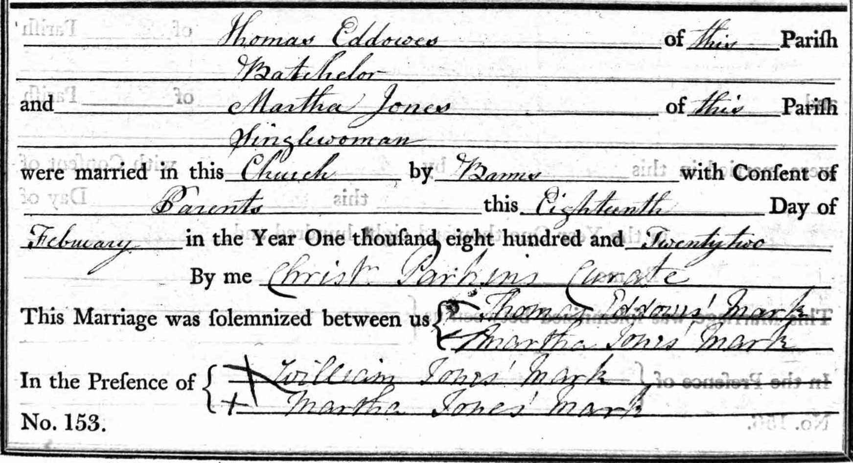 Taken on February 18th, 1822 and sourced from Certificate - Marriage.